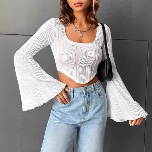 Women Clothing Summer Thin U Collar Top Water Ripple Slim Fit Cropped Trumpet Long Sleeve T shirt for Women