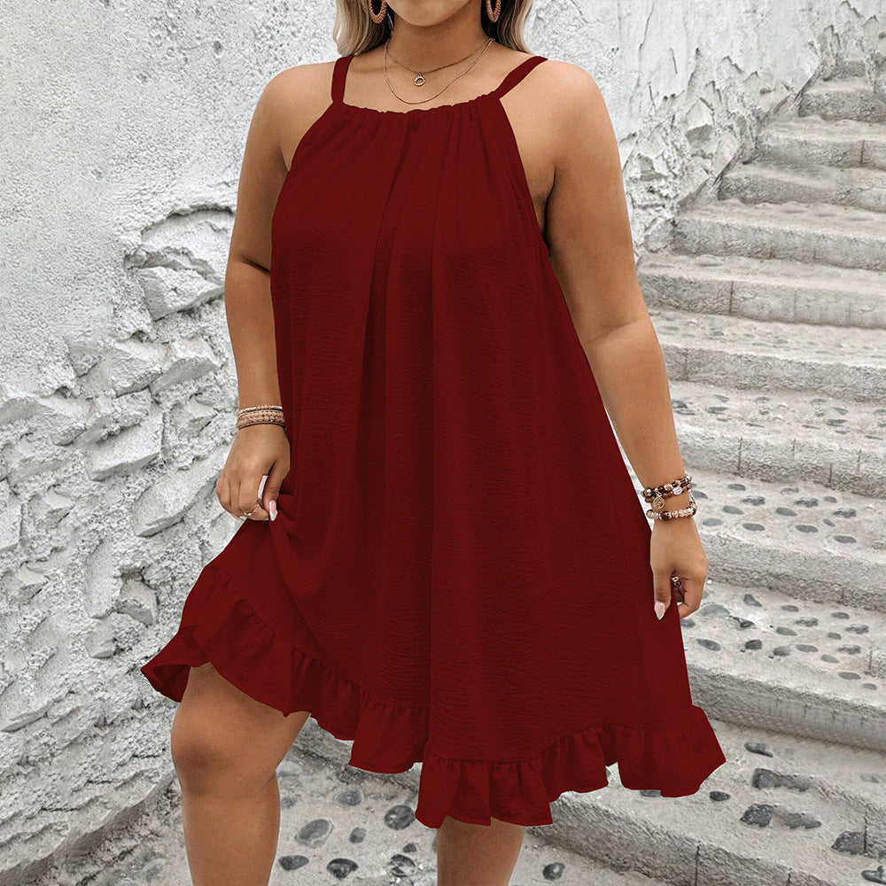 Plus Size Women Solid Color Sun Dress Summer Loose Large Swing Pleated Sexy Dress