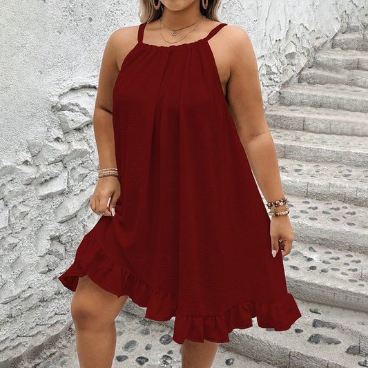 Plus Size Women Solid Color Sun Dress Summer Loose Large Swing Pleated Sexy Dress