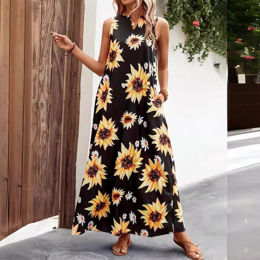 Plus Size Spring Summer Popular Women Sunflower Printed Dress