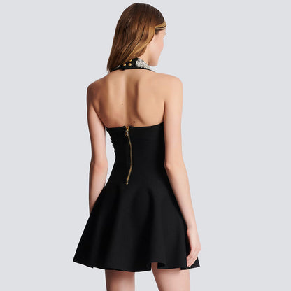 Black Sleeveless Heavy Industry Beads A line Dress Bandage Dress Women Clothing Slim Dress