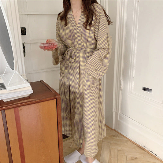 Pajamas Women Net Red Spring Autumn Plaid Nightgown Korean Long Placket Strap Home Wear Nightdress Bathrobe Dress