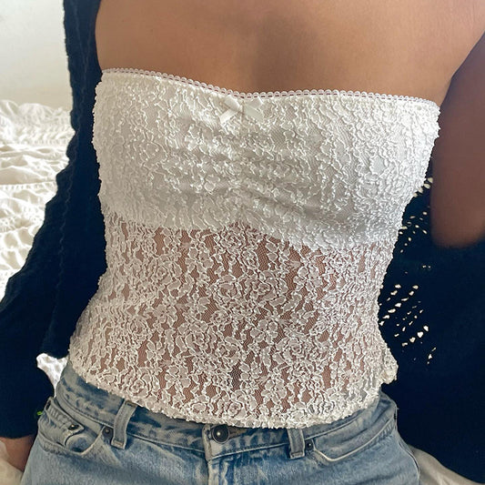 Fashionable Lace Hollow Out Cutout Out Sleeveless Tube Top Short Top Women Clothing Sweet Spicy All Matching