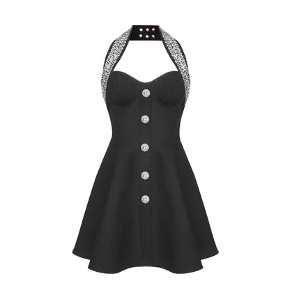 Black Sleeveless Heavy Industry Beads A line Dress Bandage Dress Women Clothing Slim Dress