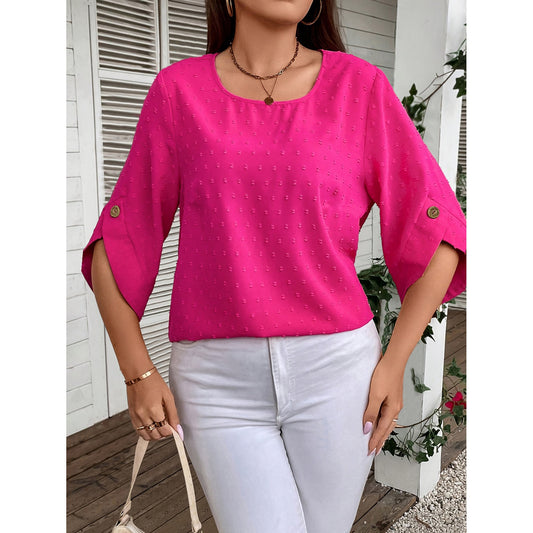 Shirt Women Spring Elegant Solid Color Round Neck Sleeves Top