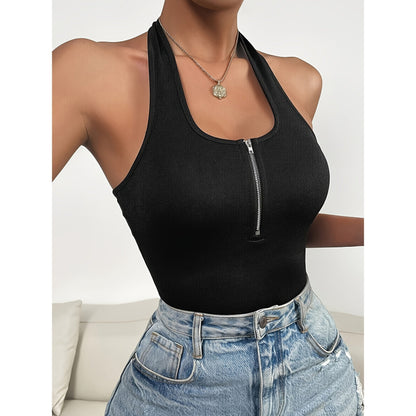 Shirt Women Summer Halter Slim Fit Zipper Tight Top