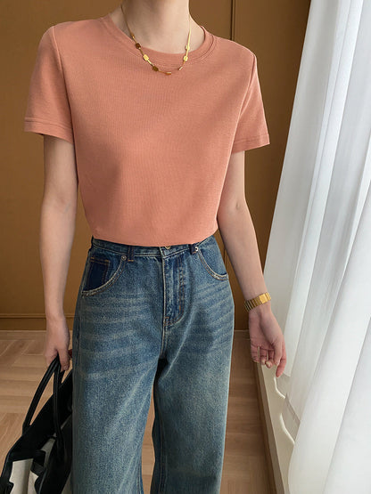 Cozy Series Simple Basic Slimming Shoulder T Shirt Short Sleeve Early Spring